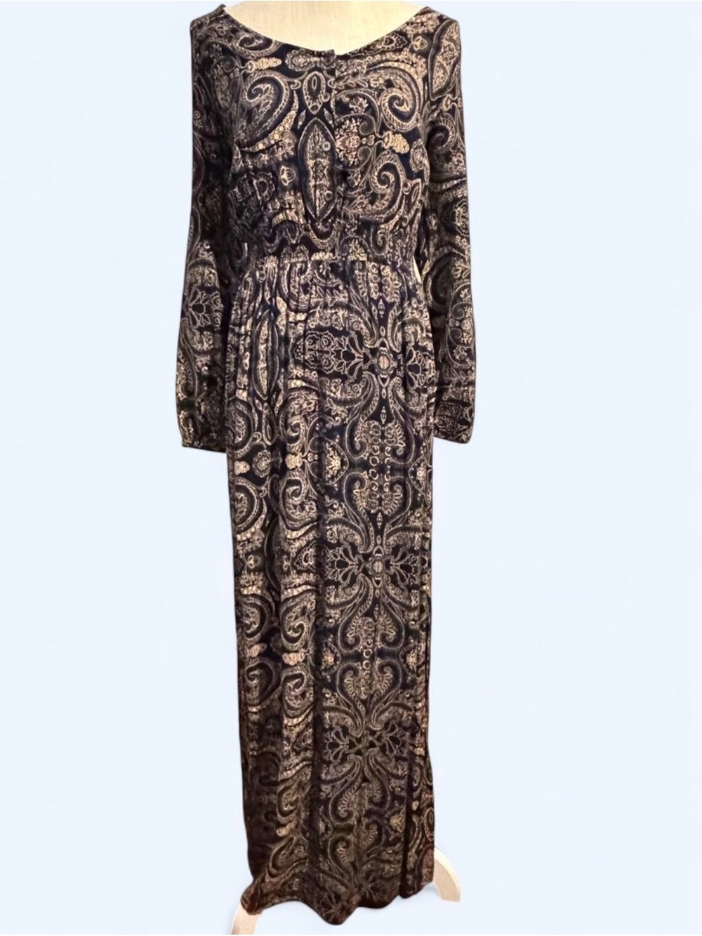 Blue Rain navy and beige paisley maxi dress with long sleeves